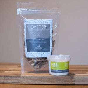Dried Oysters Mushroom Pack and Herbshroom Mushroom powder in attractive packaging